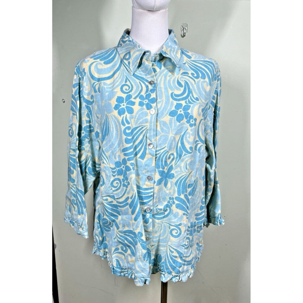 Aegean Womens Sz L Linen Blue Button-Front 3/4 Sleeve Blouse Beachy Resort Boho